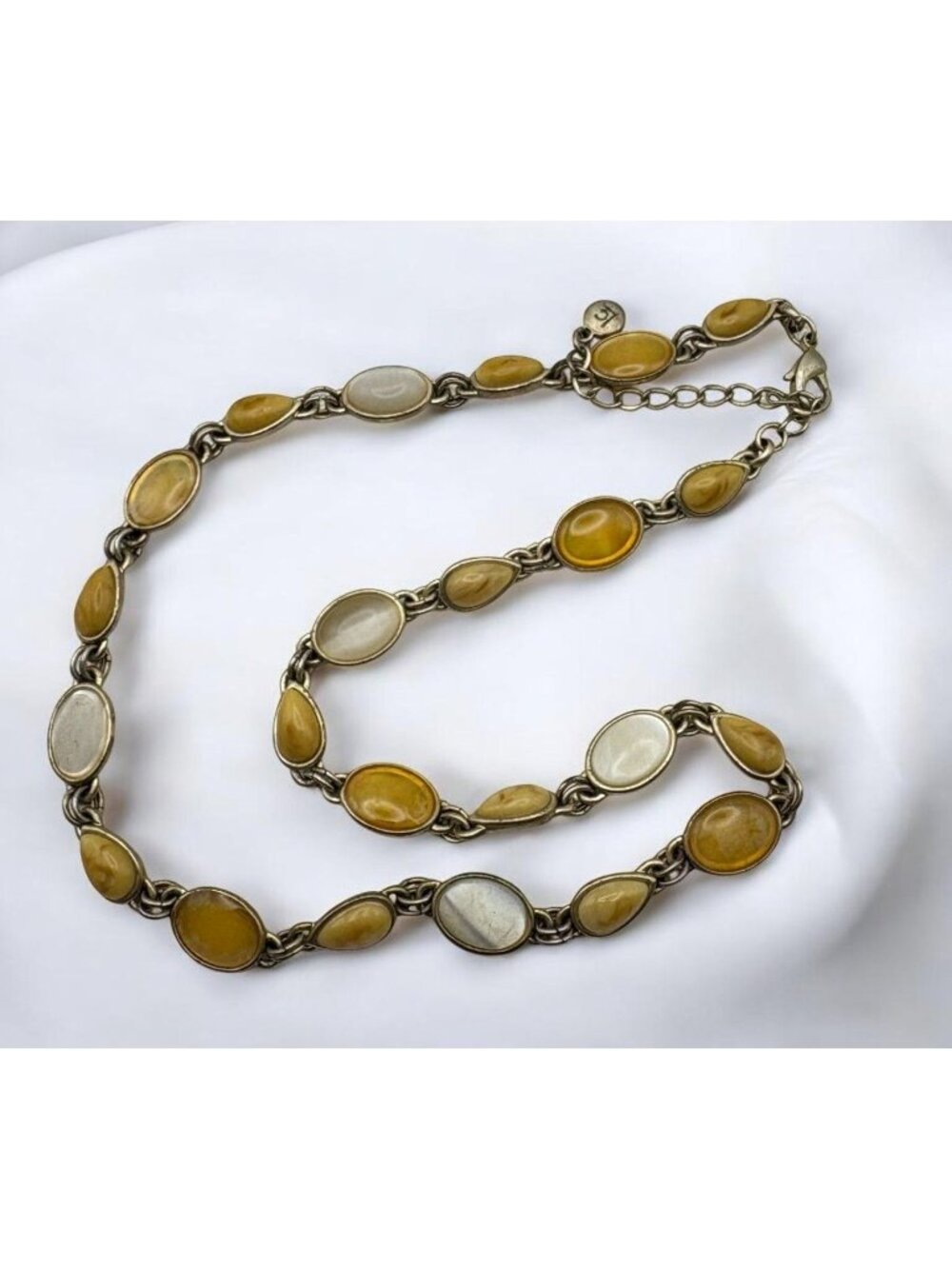 Liz Claiborne Oval Link Necklace Resin Cabochons Gold Tone Yellow White